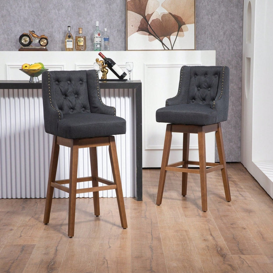 Stylish Counter Height Bar Stools Set Of 2 With Footrest And 360-Degree Swivel - Olive Linen Upholstery For Kitchen And Image 1