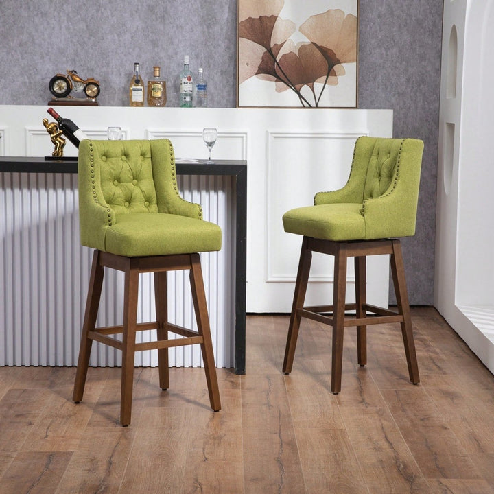 Stylish Counter Height Bar Stools Set Of 2 With Footrest And 360-Degree Swivel - Olive Linen Upholstery For Kitchen And Image 2