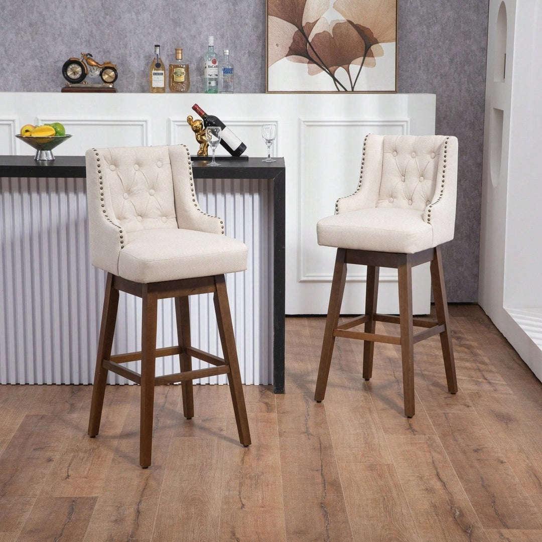 Stylish Counter Height Bar Stools Set Of 2 With Footrest And 360-Degree Swivel - Olive Linen Upholstery For Kitchen And Image 4