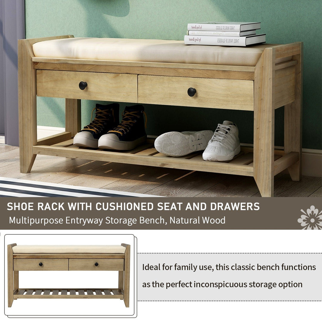 Shoe Rack with Cushioned Seat and Drawers Multipurpose Entryway Storage Bench Gray Wash Image 3