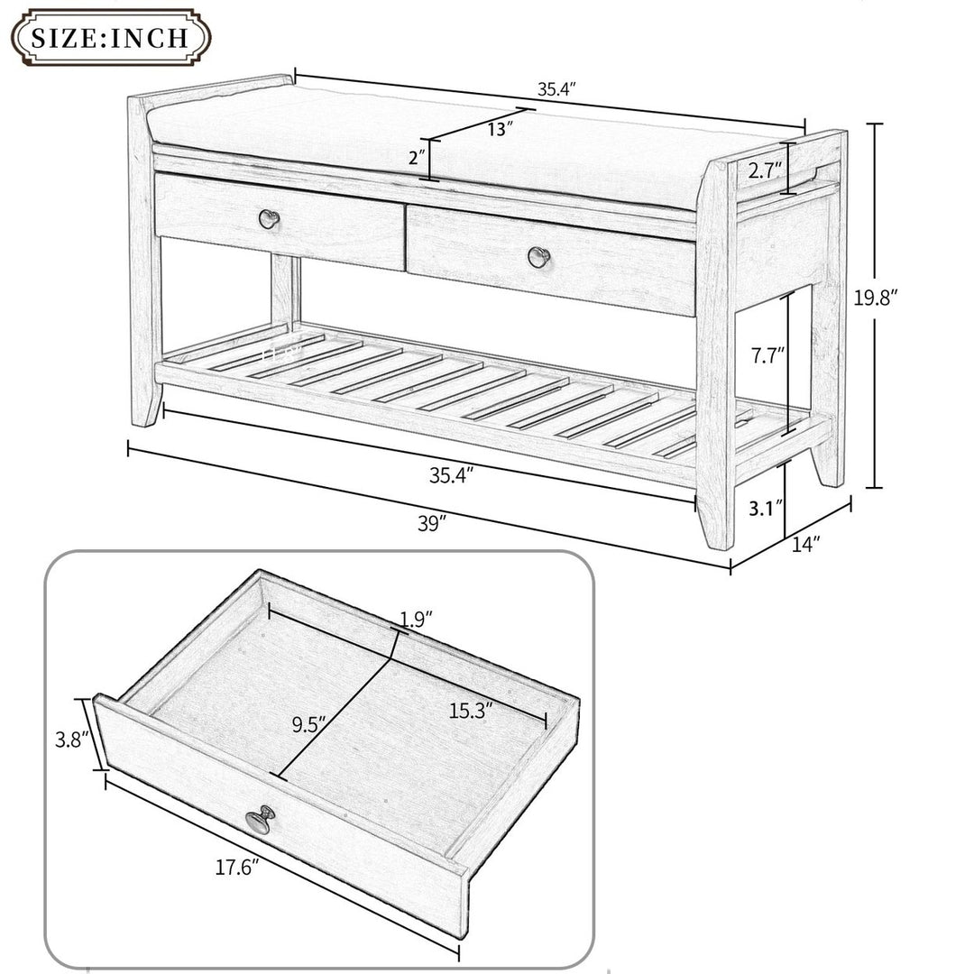 Shoe Rack with Cushioned Seat and Drawers Multipurpose Entryway Storage Bench Gray Wash Image 10