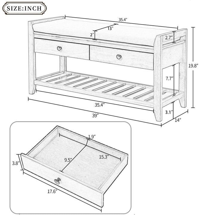 Shoe Rack with Cushioned Seat and Drawers Multipurpose Entryway Storage Bench Gray Wash Image 10