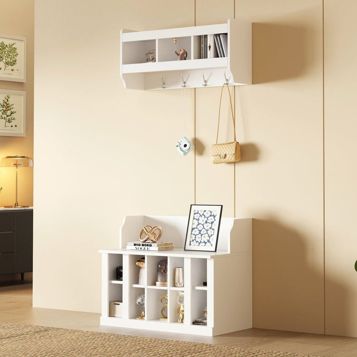 Shoe Storage Bench with Shelves and Hooks Elegant Hall Tree Entryway Organizer for Hallway Foyer Mudroom White Image 1