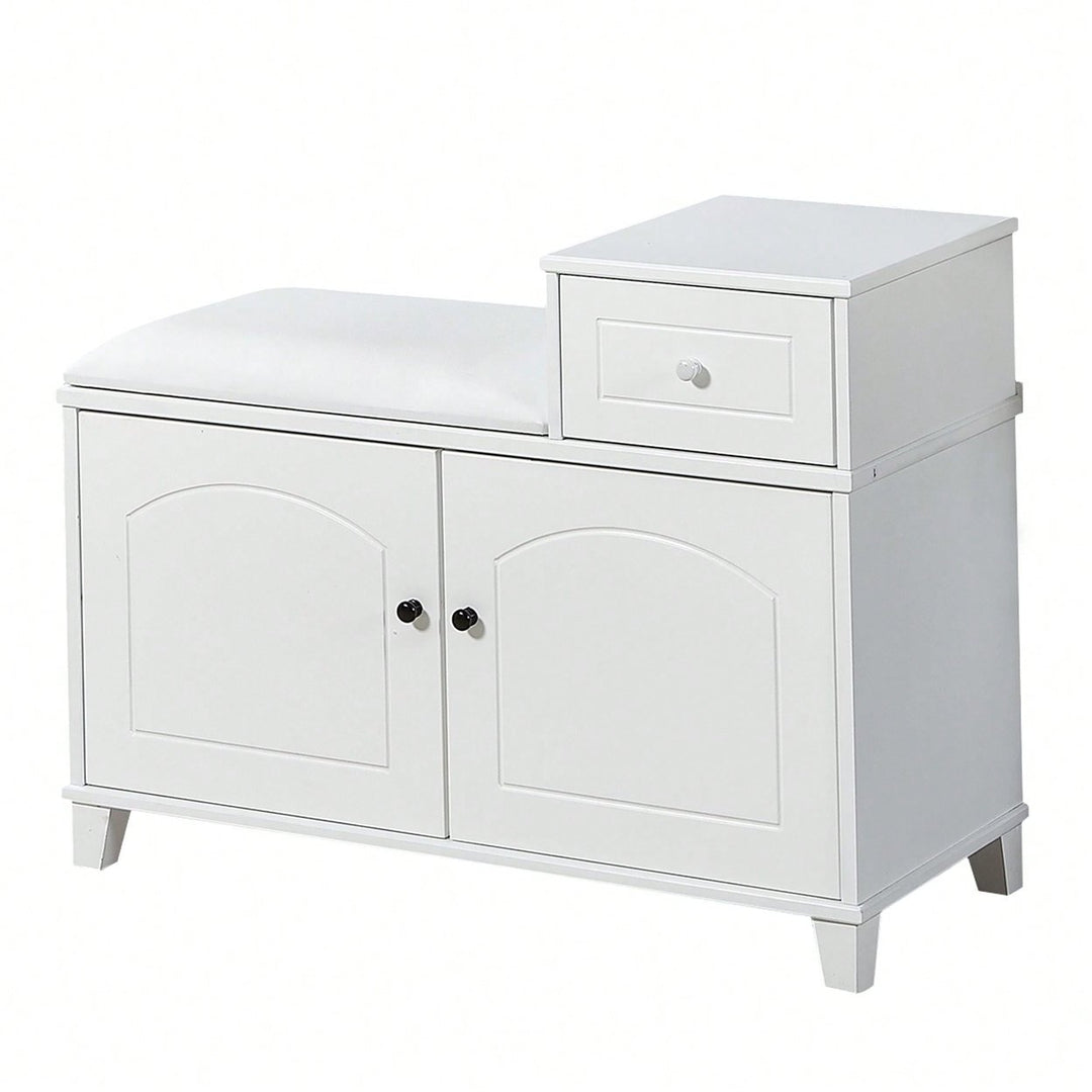 Shoe Storage Bench Cabinet With Fireproof PU Cushion, Double Doors, And Movable Drawer White Image 1