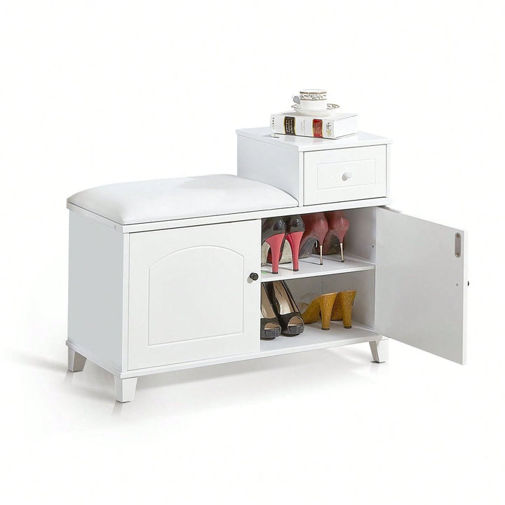 Shoe Storage Bench Cabinet With Fireproof PU Cushion, Double Doors, And Movable Drawer White Image 2