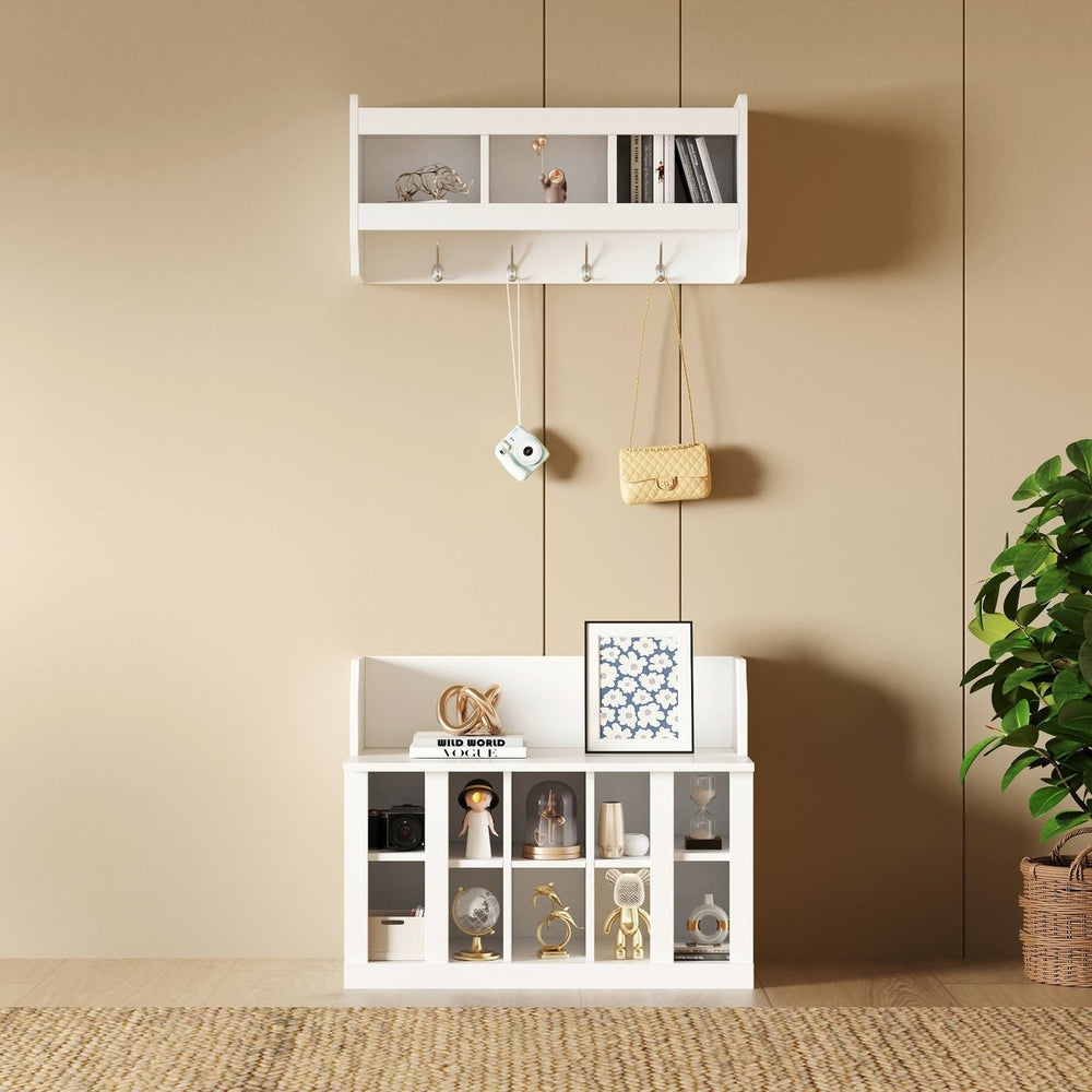 Shoe Storage Bench with Shelves and Hooks Elegant Hall Tree Entryway Organizer for Hallway Foyer Mudroom White Image 2