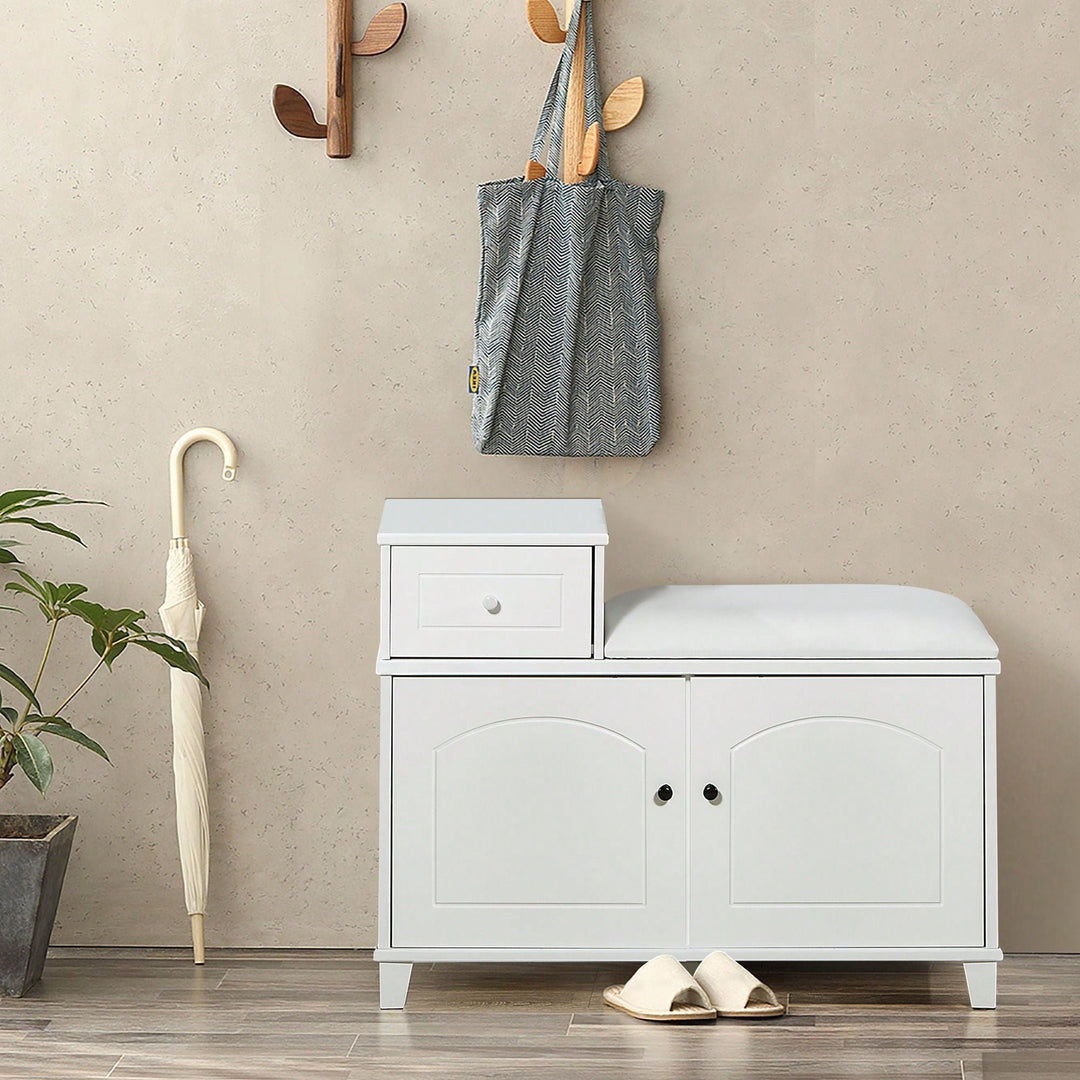 Shoe Storage Bench Cabinet With Fireproof PU Cushion, Double Doors, And Movable Drawer White Image 3