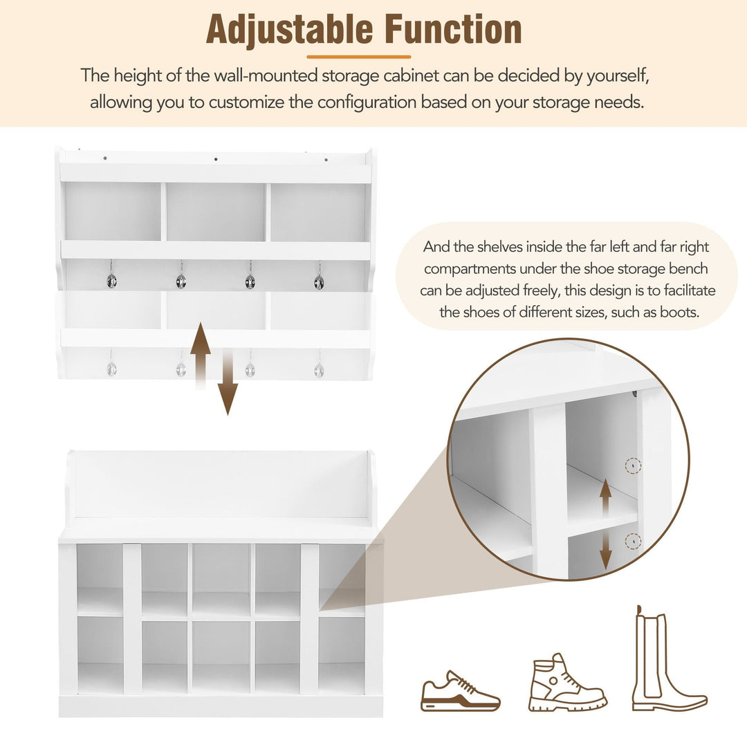 Shoe Storage Bench with Shelves and Hooks Elegant Hall Tree Entryway Organizer for Hallway Foyer Mudroom White Image 3