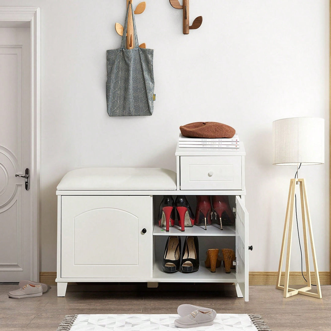 Shoe Storage Bench Cabinet With Fireproof PU Cushion, Double Doors, And Movable Drawer White Image 4