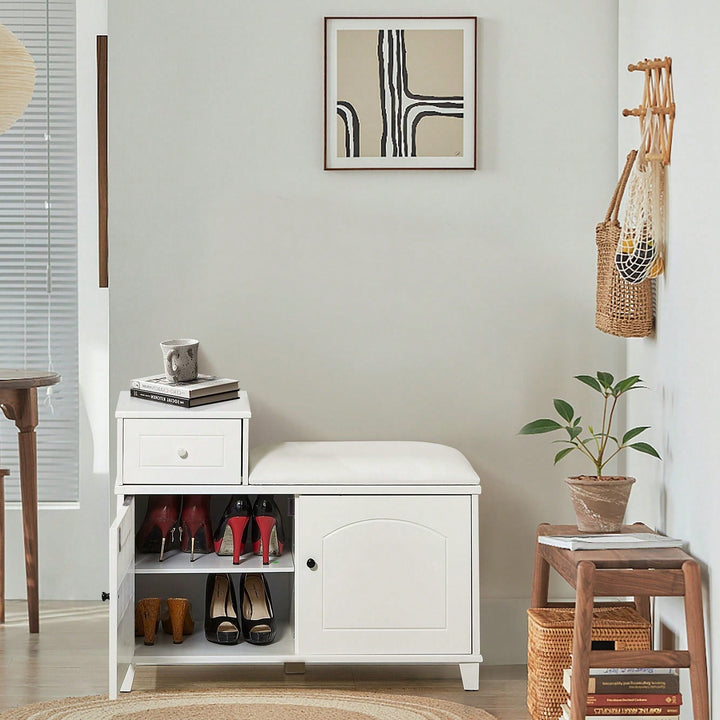 Shoe Storage Bench Cabinet With Fireproof PU Cushion, Double Doors, And Movable Drawer White Image 5