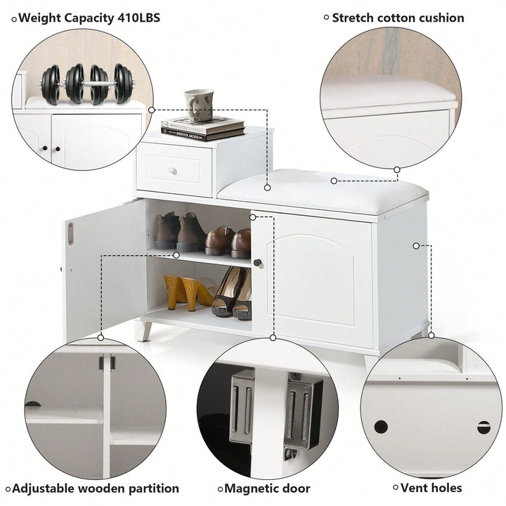 Shoe Storage Bench Cabinet With Fireproof PU Cushion, Double Doors, And Movable Drawer White Image 7