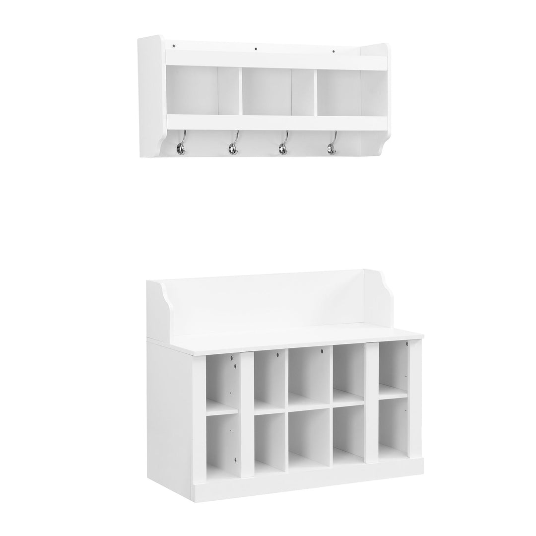 Shoe Storage Bench with Shelves and Hooks Elegant Hall Tree Entryway Organizer for Hallway Foyer Mudroom White Image 9