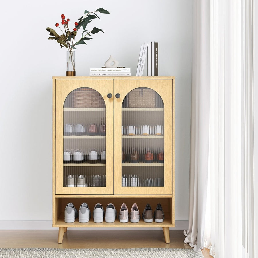 Shoe Storage Cabinet with Adjustable Shelves and Glass Doors for Organized Footwear Display Image 1