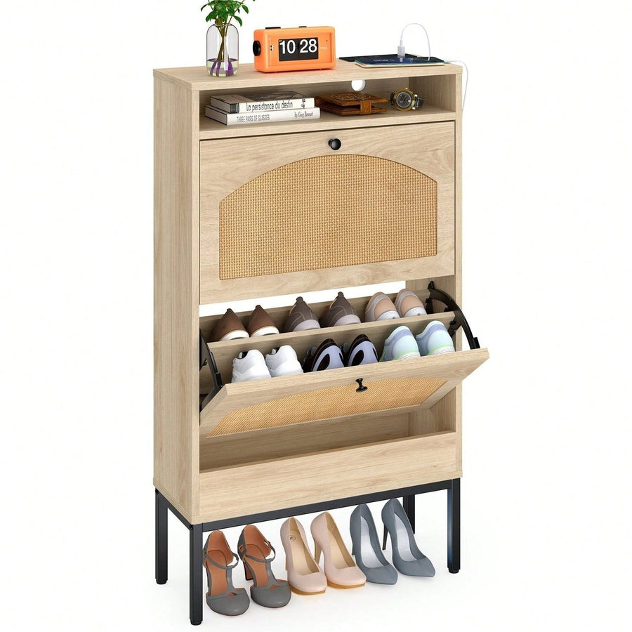 Shoe Storage Cabinet With Rattan Flip Doors Image 1