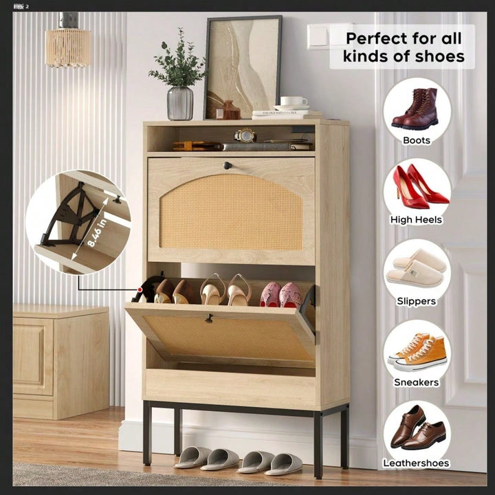 Shoe Storage Cabinet With Rattan Flip Doors Image 2