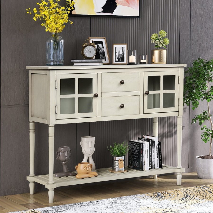 Sideboard Console Table with Bottom Shelf Farmhouse Wood Glass Buffet Storage Cabinet Living Room Antique Grey Image 1