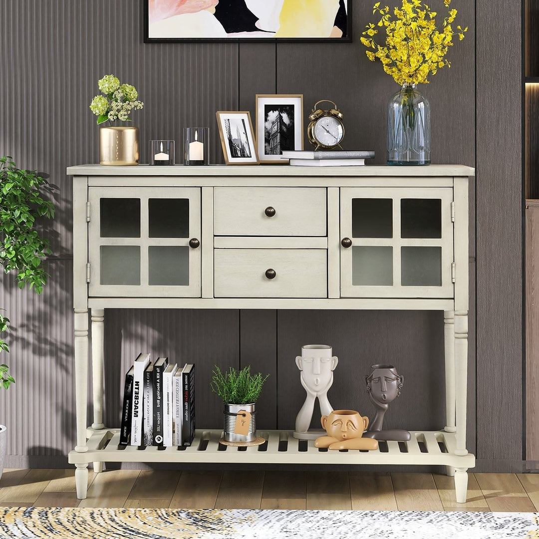 Sideboard Console Table with Bottom Shelf Farmhouse Wood Glass Buffet Storage Cabinet Living Room Antique Grey Image 11