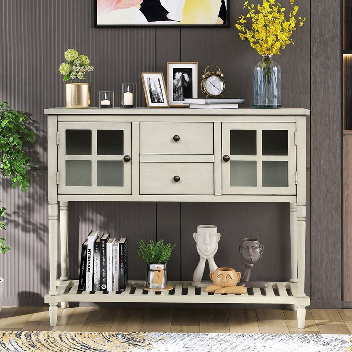 Sideboard Console Table with Bottom Shelf Farmhouse Wood Glass Buffet Storage Cabinet Living Room Antique Grey Image 11