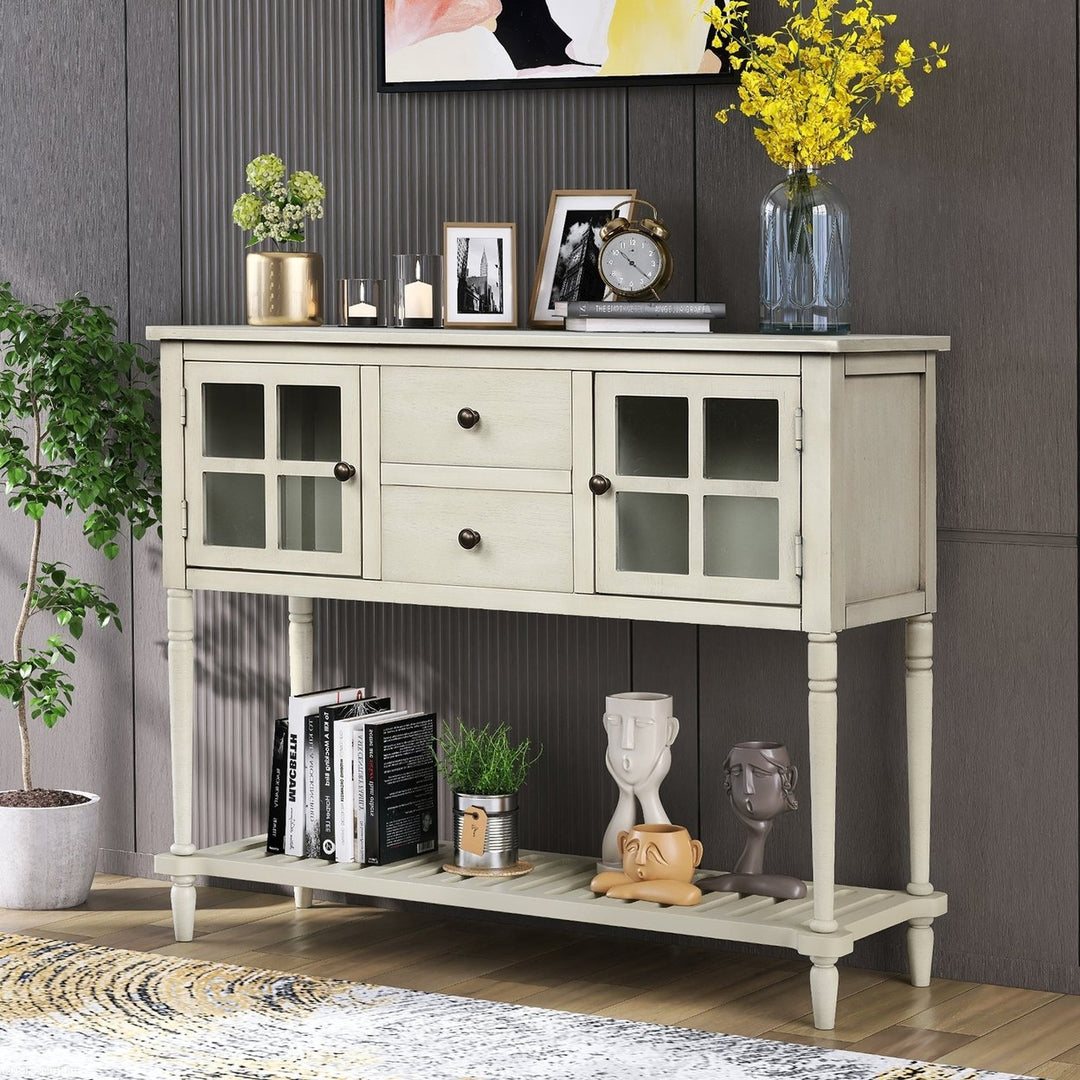 Sideboard Console Table with Bottom Shelf Farmhouse Wood Glass Buffet Storage Cabinet Living Room Antique Grey Image 12