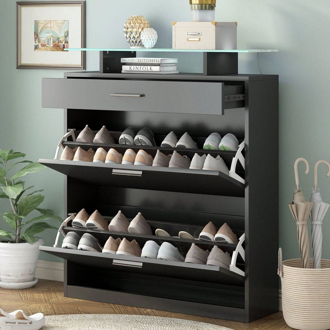 Slim Entryway Shoe Organizer with LED Light and 2 Flip Drawers for Hallway Storage Image 1