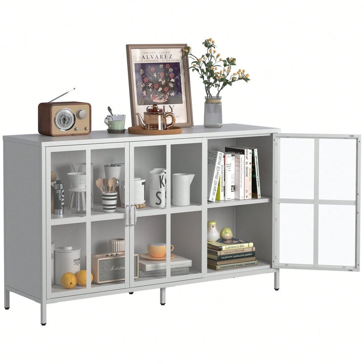 Sturdy Metal Modern Sideboard Buffet Cabinet With Adjustable Feet, Glass Doors, And Ample Storage Space Image 1