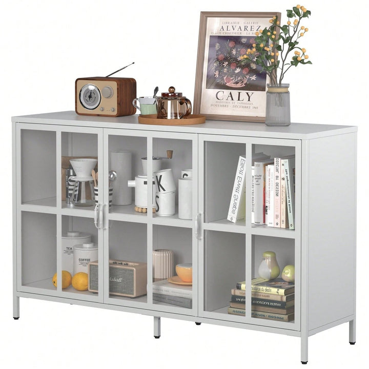 Sturdy Metal Modern Sideboard Buffet Cabinet With Adjustable Feet, Glass Doors, And Ample Storage Space Image 2