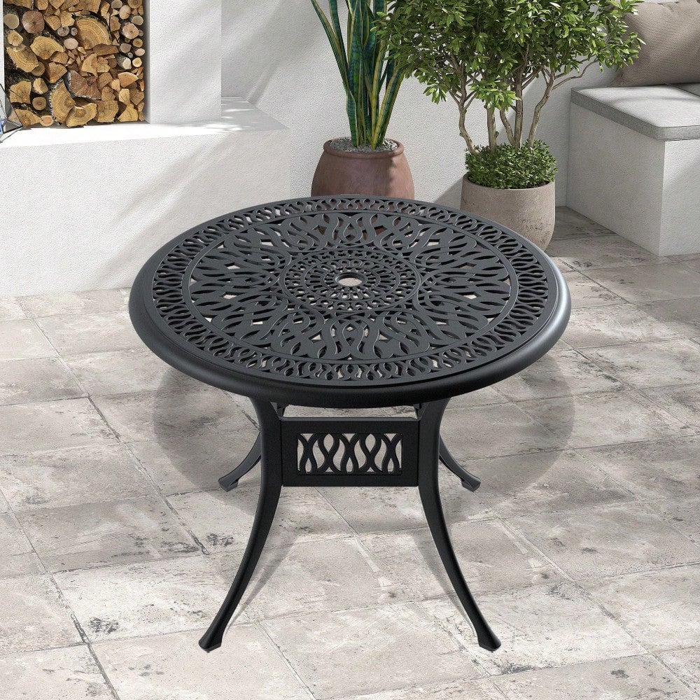 Stylish 35.43-Inch Cast Aluminum Patio Dining Table With Elegant Black Frame And Umbrella Hole Image 4