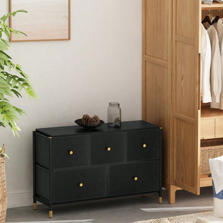 Stylish 5 Drawer Storage Tower with PU Leather Bins for Bedroom and Living Room - Sturdy Metal Frame and Wood Top - Easy Image 2