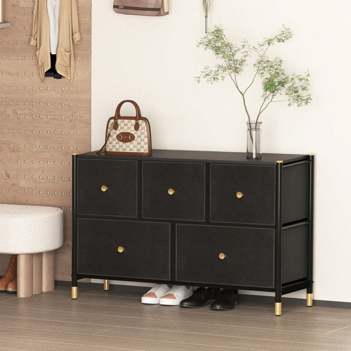 Stylish 5 Drawer Storage Tower with PU Leather Bins for Bedroom and Living Room - Sturdy Metal Frame and Wood Top - Easy Image 3