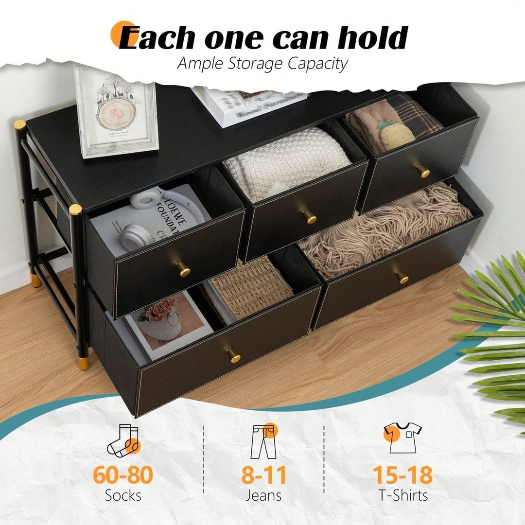 Stylish 5 Drawer Storage Tower with PU Leather Bins for Bedroom and Living Room - Sturdy Metal Frame and Wood Top - Easy Image 6