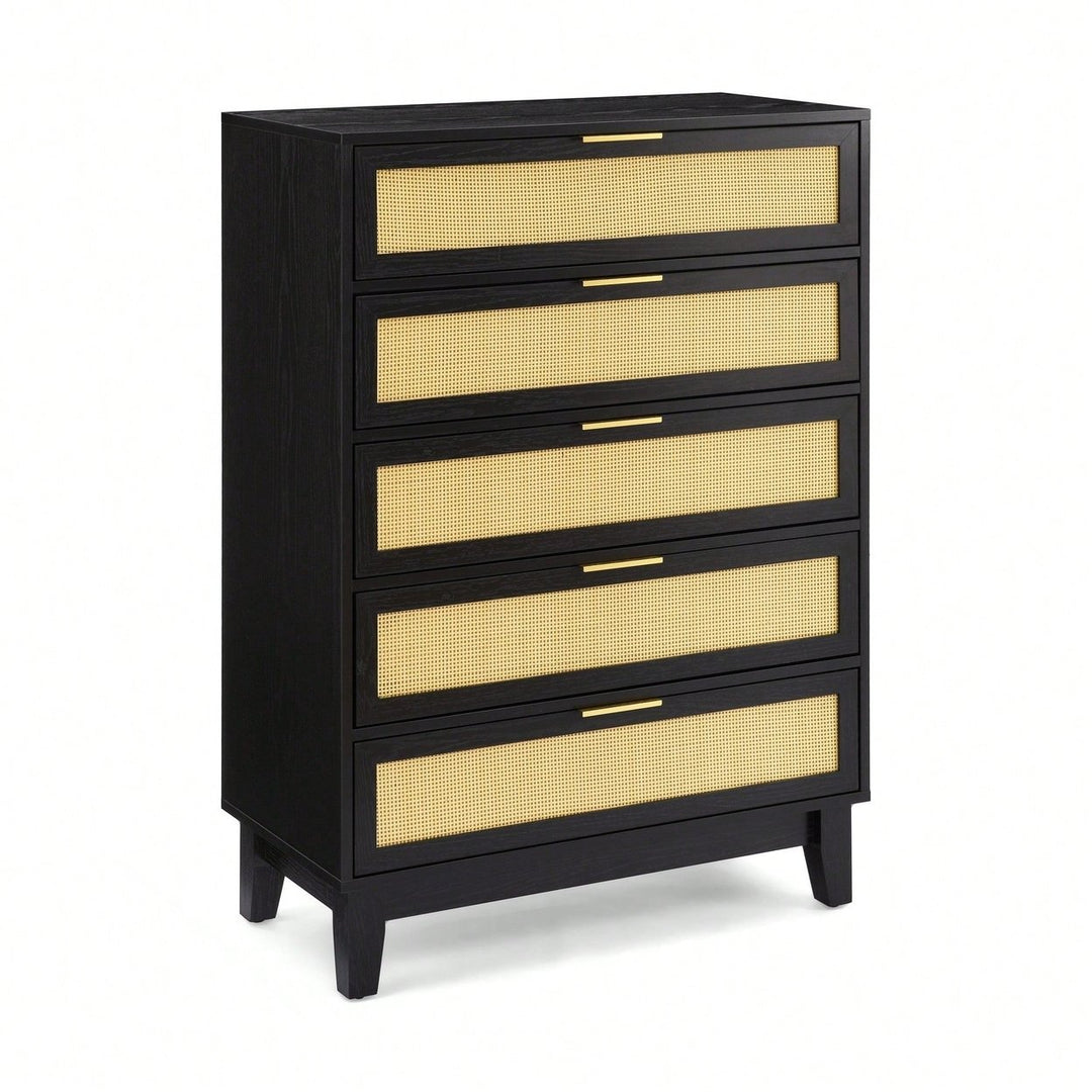 Stylish 5-Drawer Rattan Dresser - Modern Wooden Chest For Bedroom, Hallway and Living Room With Ample Storage Space Image 2