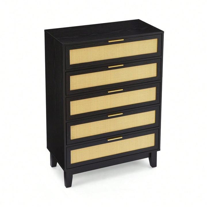 Stylish 5-Drawer Rattan Dresser - Modern Wooden Chest For Bedroom, Hallway and Living Room With Ample Storage Space Image 3