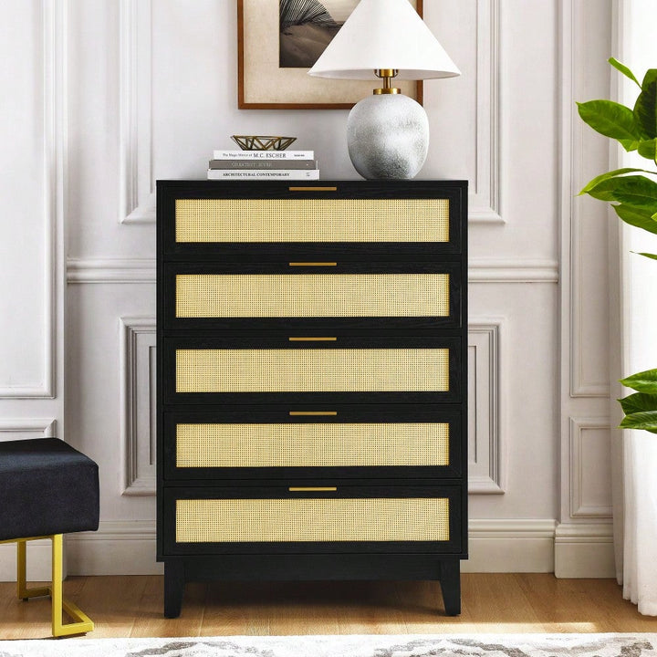 Stylish 5-Drawer Rattan Dresser - Modern Wooden Chest For Bedroom, Hallway and Living Room With Ample Storage Space Image 5