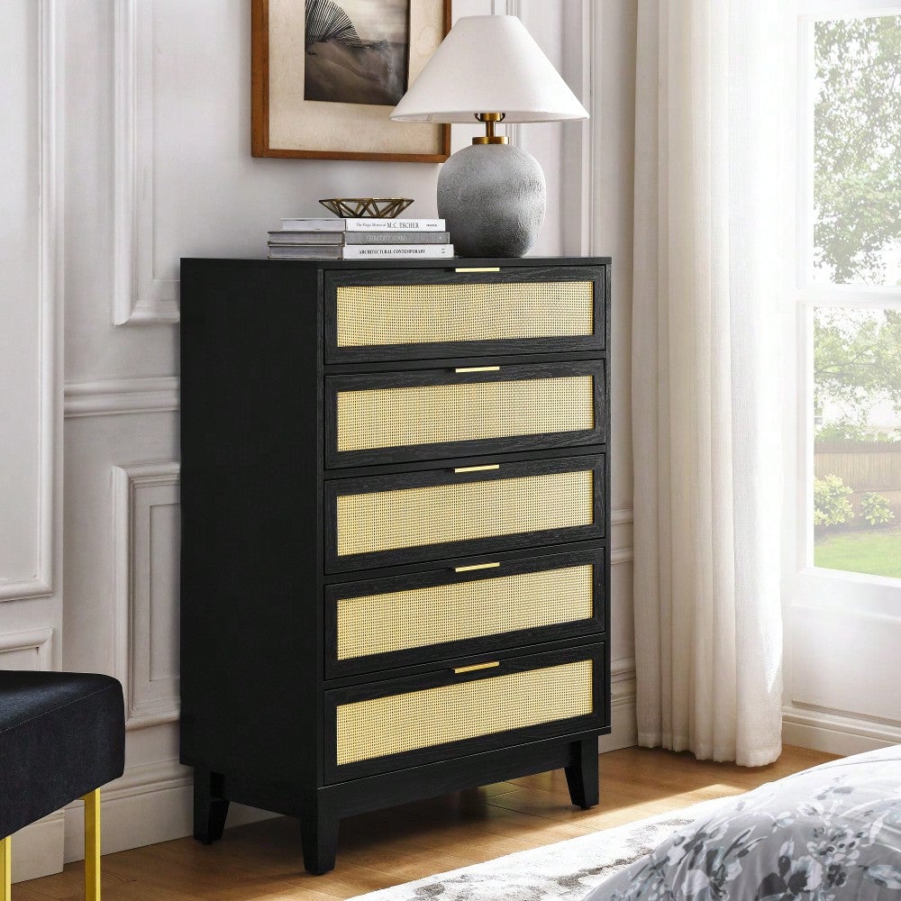 Stylish 5-Drawer Rattan Dresser - Modern Wooden Chest For Bedroom, Hallway and Living Room With Ample Storage Space Image 6