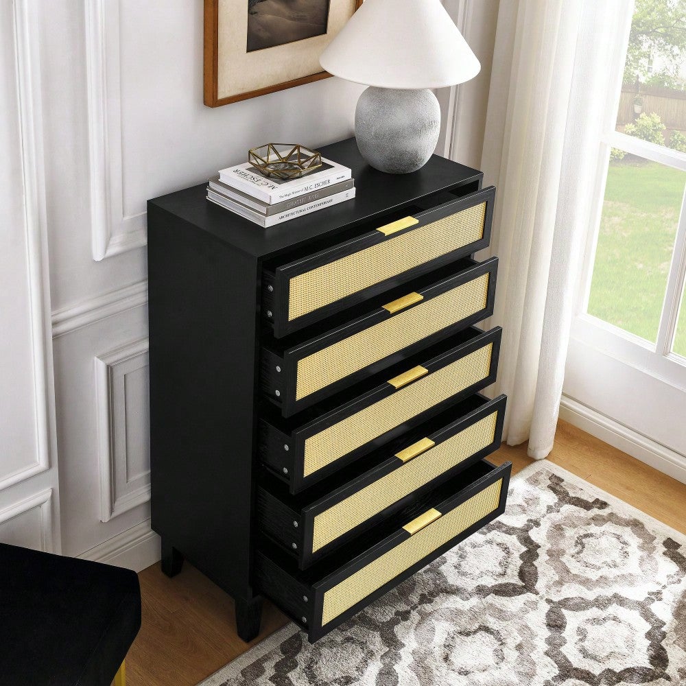 Stylish 5-Drawer Rattan Dresser - Modern Wooden Chest For Bedroom, Hallway and Living Room With Ample Storage Space Image 7