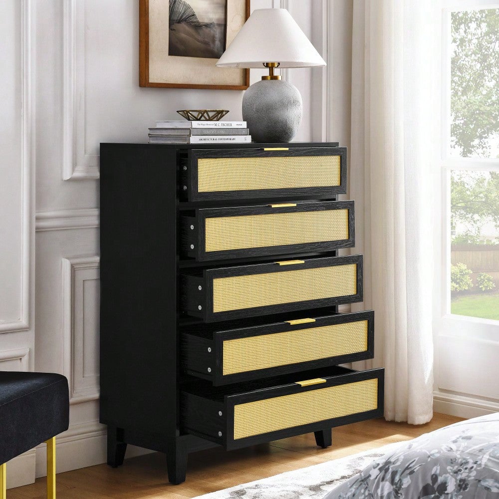 Stylish 5-Drawer Rattan Dresser - Modern Wooden Chest For Bedroom, Hallway and Living Room With Ample Storage Space Image 8