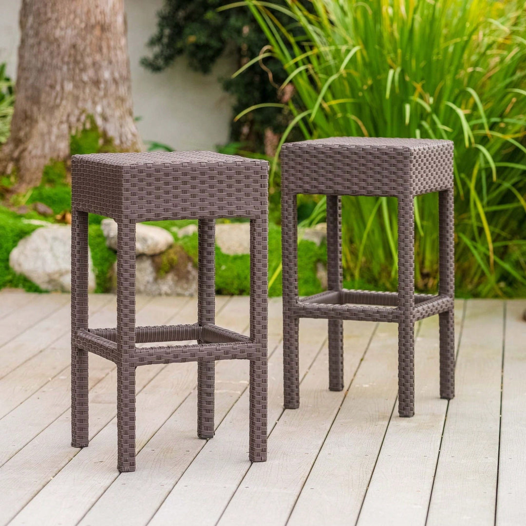 Set Of 2 Dark Brown Outdoor Rattan Backless Barstools For Patio And Garden Image 2