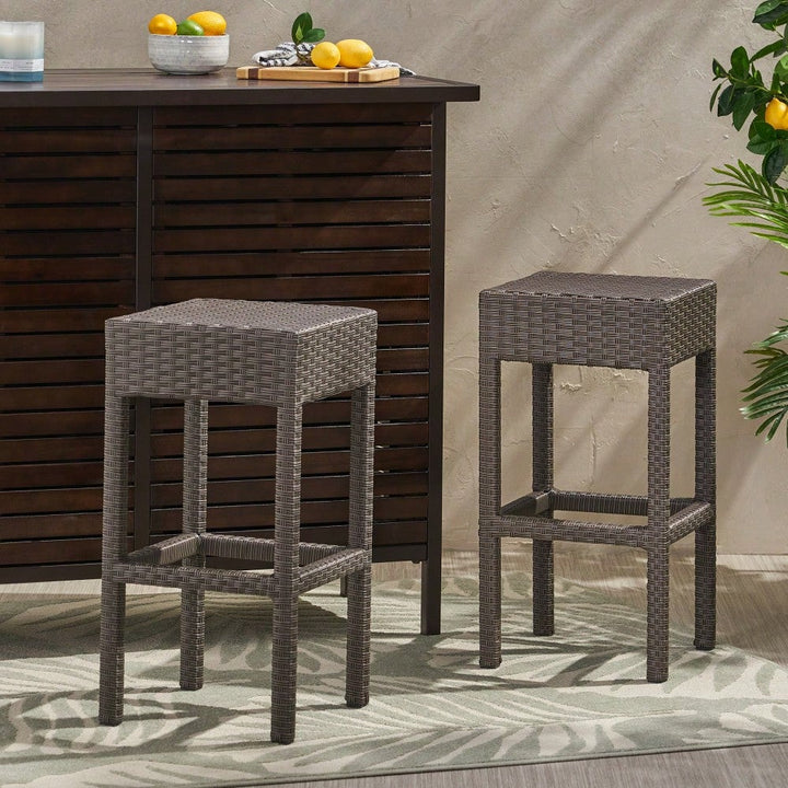 Set Of 2 Dark Brown Outdoor Rattan Backless Barstools For Patio And Garden Image 3