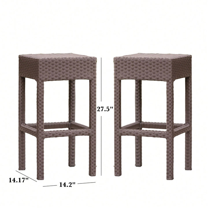 Set Of 2 Dark Brown Outdoor Rattan Backless Barstools For Patio And Garden Image 5