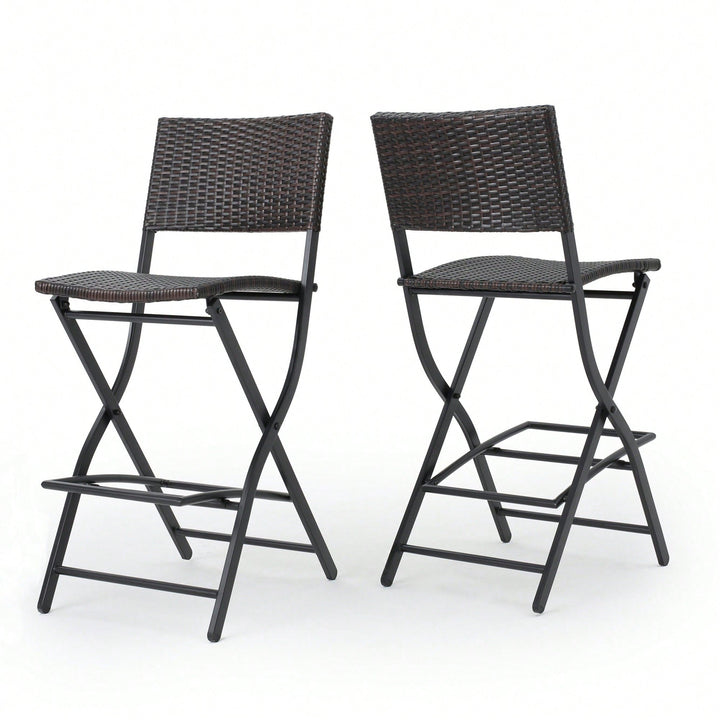 Set Of 2 Foldable Faux Rattan Patio Bar Stools - Stylish Outdoor Wicker Chairs In Multibrown Image 1