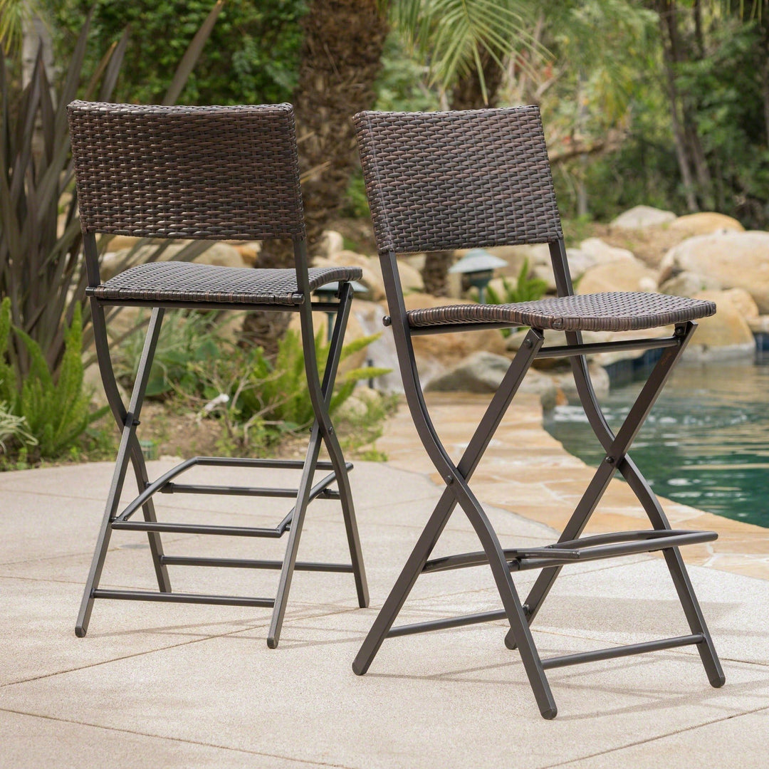 Set Of 2 Foldable Faux Rattan Patio Bar Stools - Stylish Outdoor Wicker Chairs In Multibrown Image 2