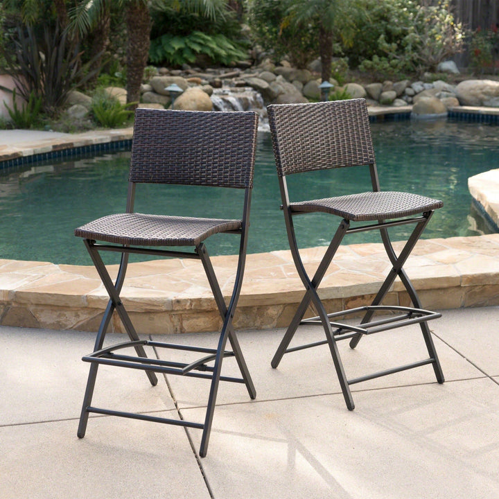 Set Of 2 Foldable Faux Rattan Patio Bar Stools - Stylish Outdoor Wicker Chairs In Multibrown Image 3