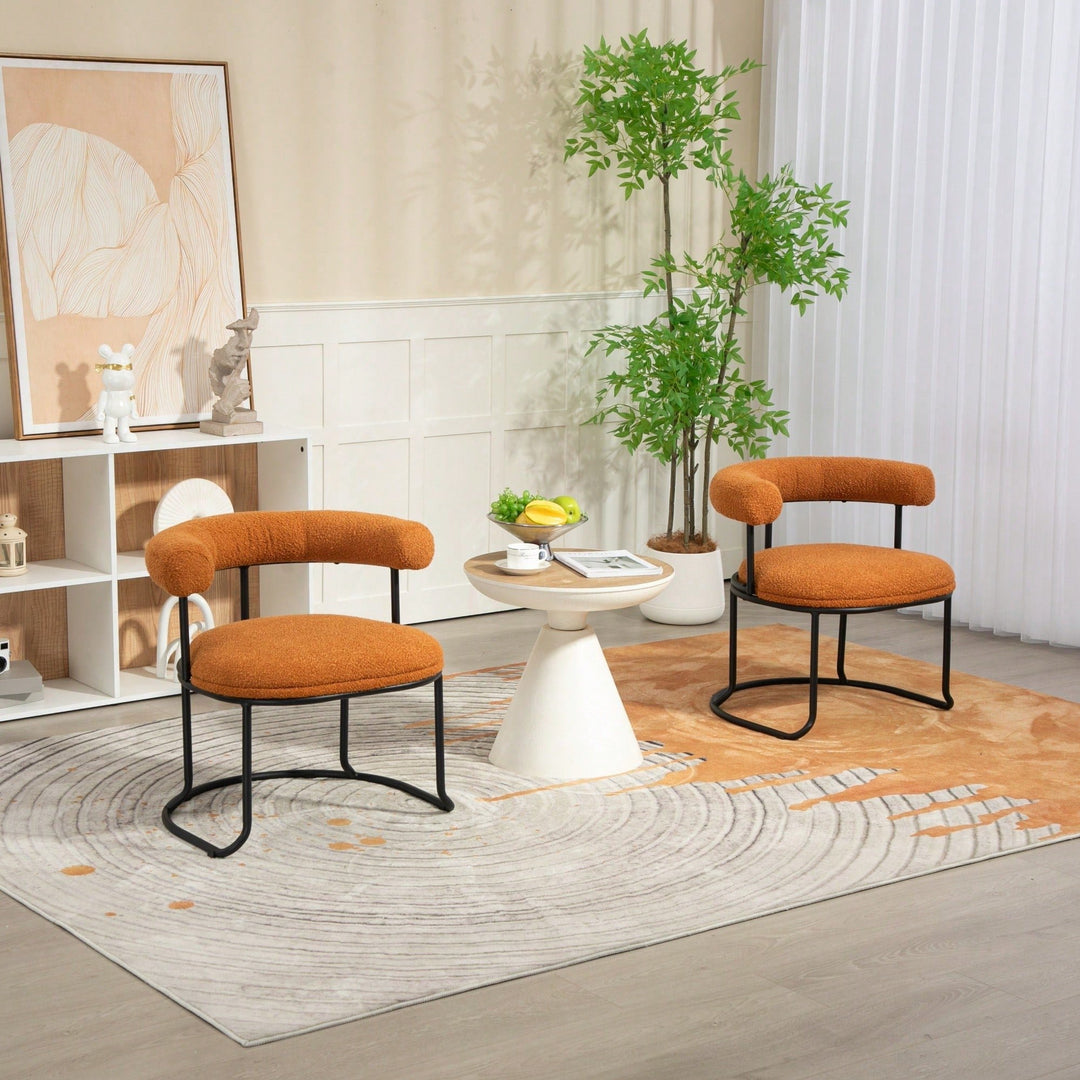 Set Of 2 Mid-Century Modern Curved Back Dining Chairs With Orange Boucle Upholstery, Stylish Round Backrest Kitchen Image 1