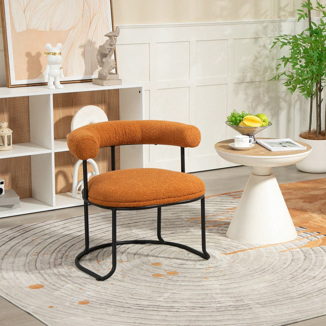 Set Of 2 Mid-Century Modern Curved Back Dining Chairs With Orange Boucle Upholstery, Stylish Round Backrest Kitchen Image 6