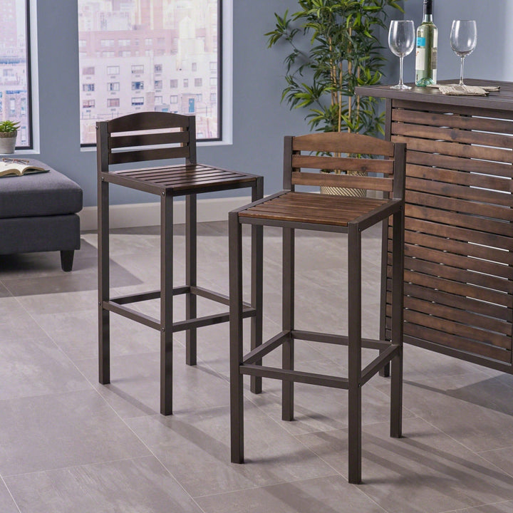 Set Of 2 Outdoor Acacia Wood Barstools For Patio And Garden Image 4