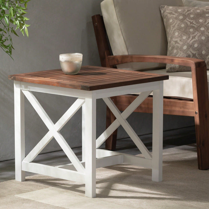 Stylish Two-Toned Acacia Wood End Table With Modern Farmhouse Design For Living Room Image 5