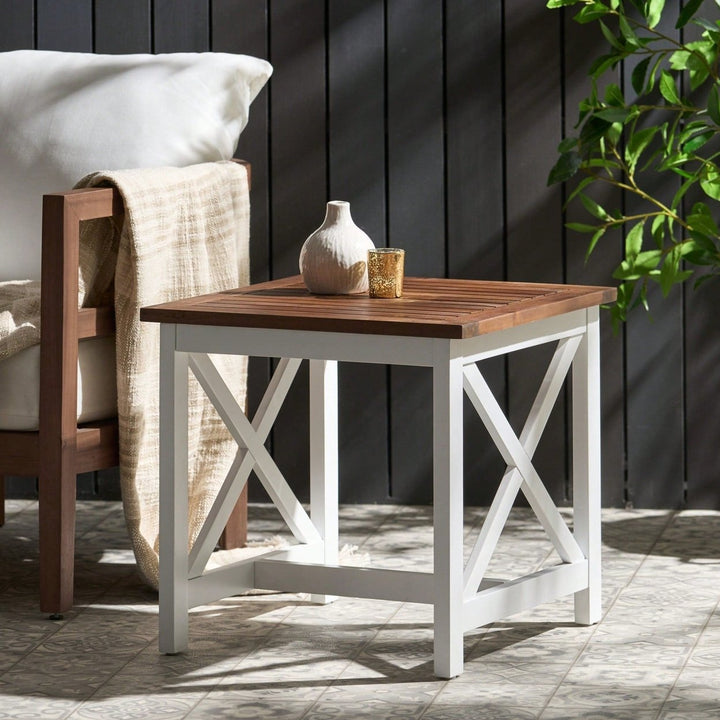 Stylish Two-Toned Acacia Wood End Table With Modern Farmhouse Design For Living Room Image 9