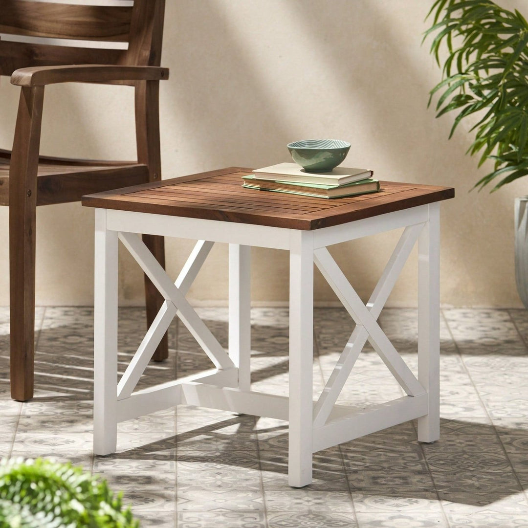 Stylish Two-Toned Acacia Wood End Table With Modern Farmhouse Design For Living Room Image 11