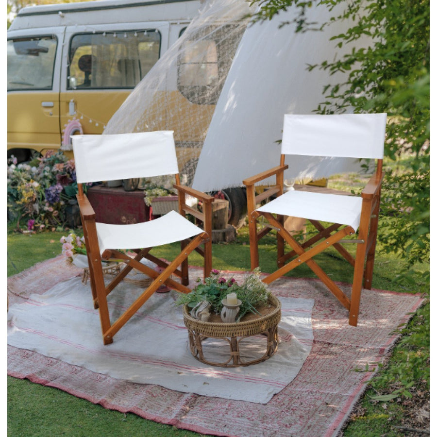 Stylish White Wooden Folding Director Chair Set - 2pcs Canvas Camping and Patio Seats, Lightweight and Portable Image 1