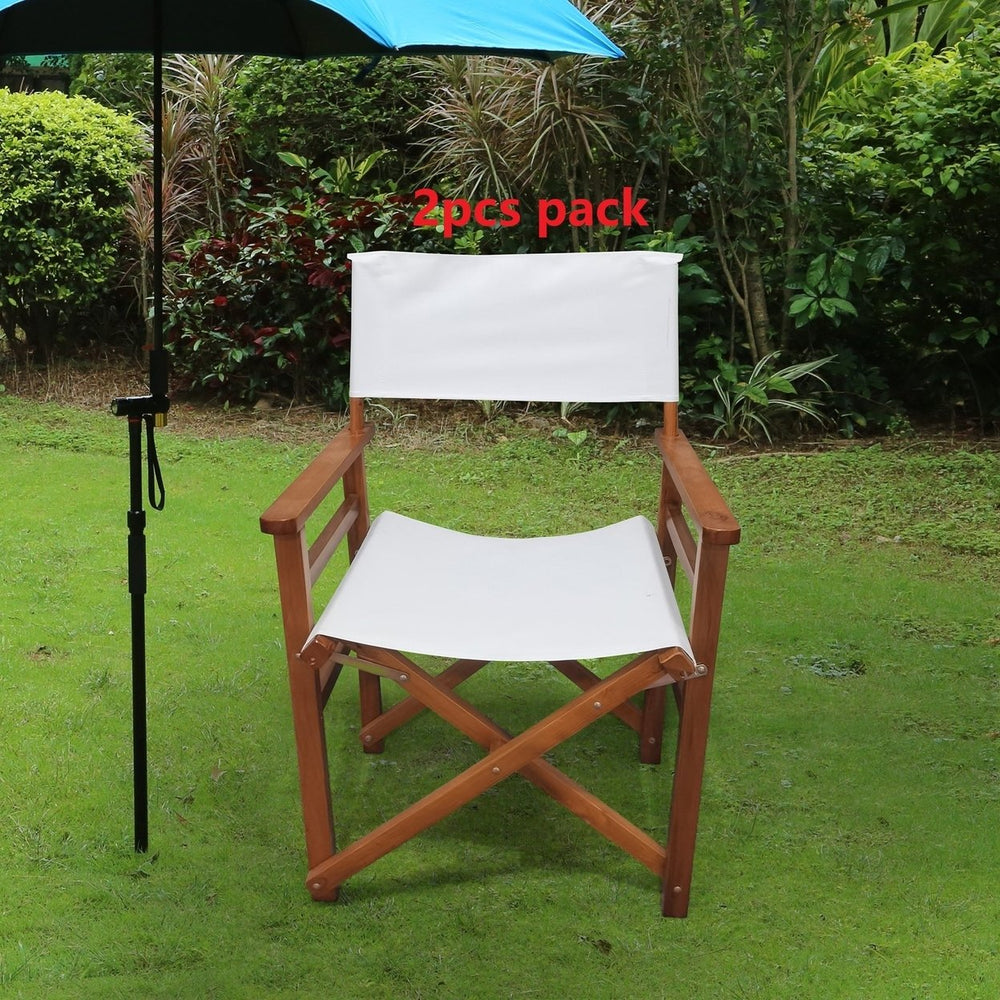 Stylish White Wooden Folding Director Chair Set - 2pcs Canvas Camping and Patio Seats, Lightweight and Portable Image 2